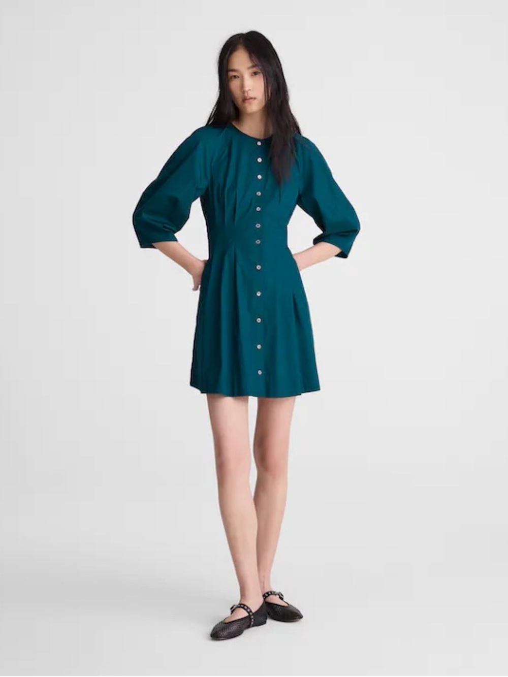 Madewell Sculptural-Sleeve Pleated Mini Shirt Dress Teal Green fit and flare - Picture 1 of 12